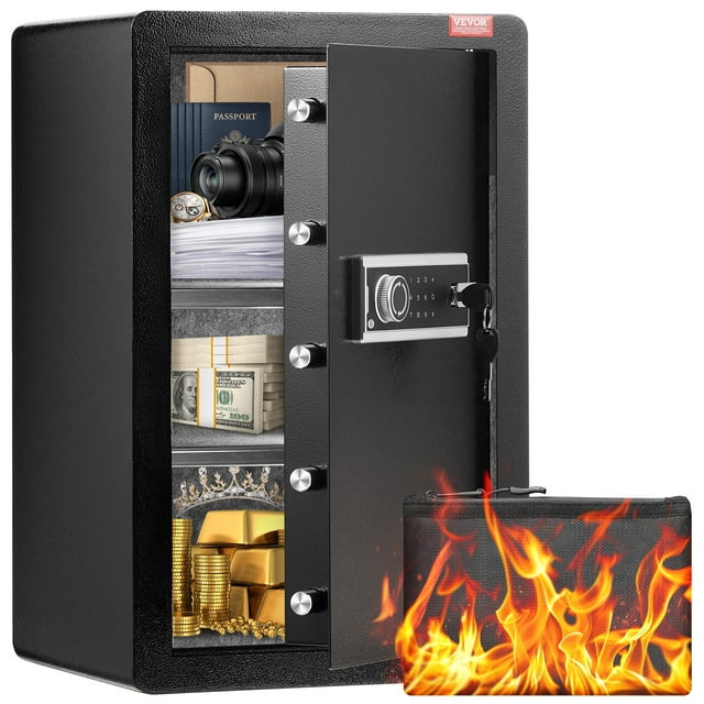 VEVOR Single Door 3.5 cu.ft Safe Box with Key Lock & Password LED Light Black. A tamper-resistant black alloy steel safe with five solid locking bolts, a digital keypad, and multiple unlocking methods. The interior features adjustable shelves, LED lighting, and compartments for organizing valuables like cash, passports, and jewelry. Includes a fireproof bag for added protection.