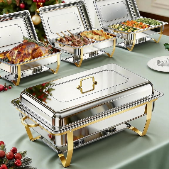 4 Pack Chafing Dish Buffet Set 9QT Stainless Steel Chafing Dishes, Single/Double/Triple Compartment, Buffet Server Food Warmer for Buffet, Birthday, Holiday Parties, and Family Gatherings-Semi-gold