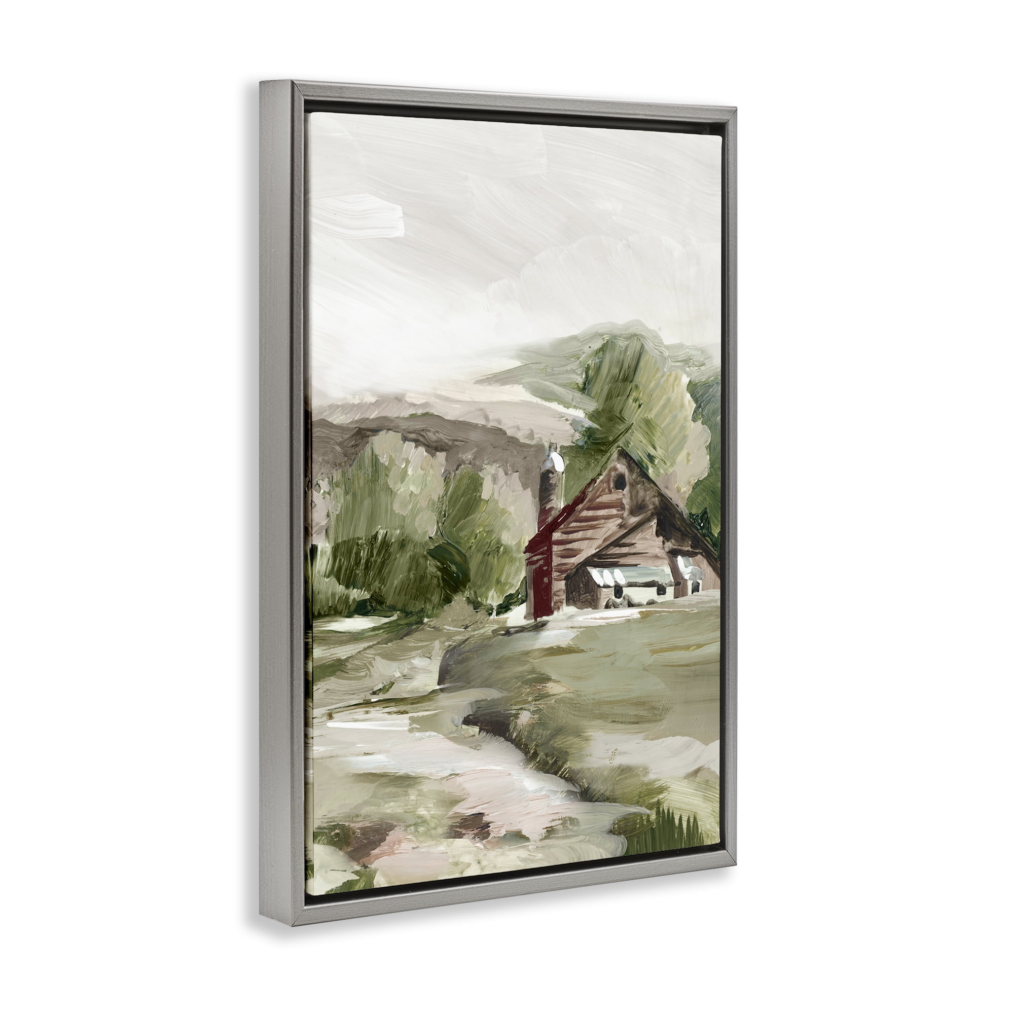 Stupell Industries Rural Cabin Farmland Landscape & Nature Painting Gray Floater Framed Canvas Art Print Wall Art, 17 x 25