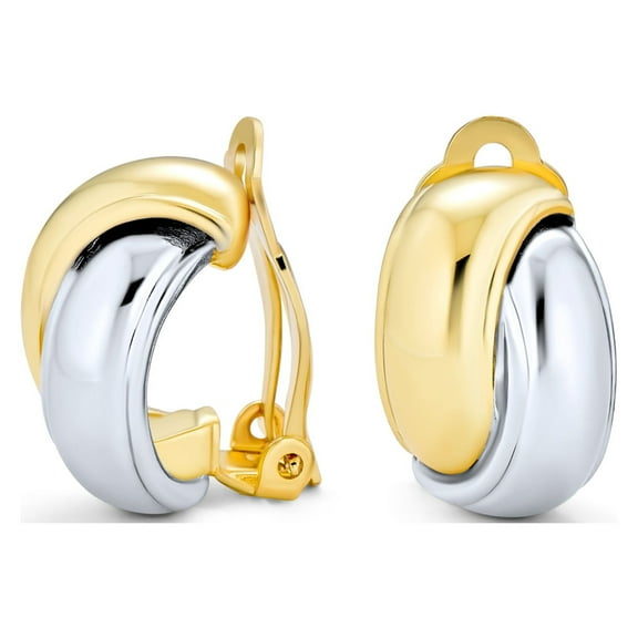 Bling Jewelry Womens Two Tone Interlocking Circle Clip-On Earrings Silver Gold