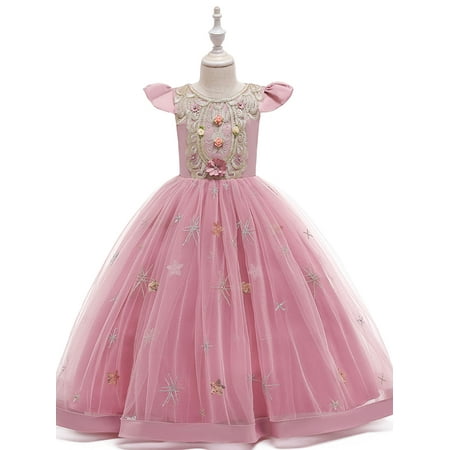 

PBaeM Girls Petal Sleeve Floral Embroidered 1/2 Zip Wedding Mesh Dress Sizes 2-11T