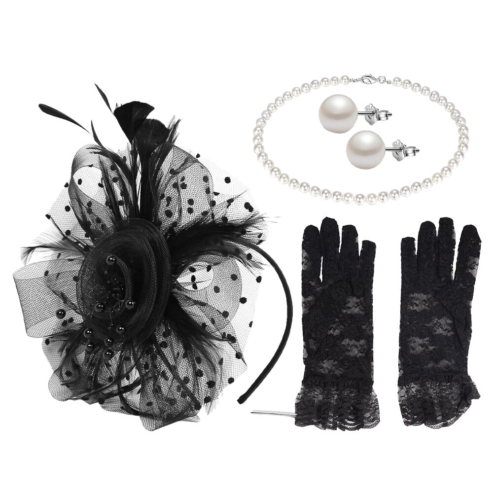 1 Set Fascinators Hat Veil Headband Pearl Necklace Earrings and Gloves