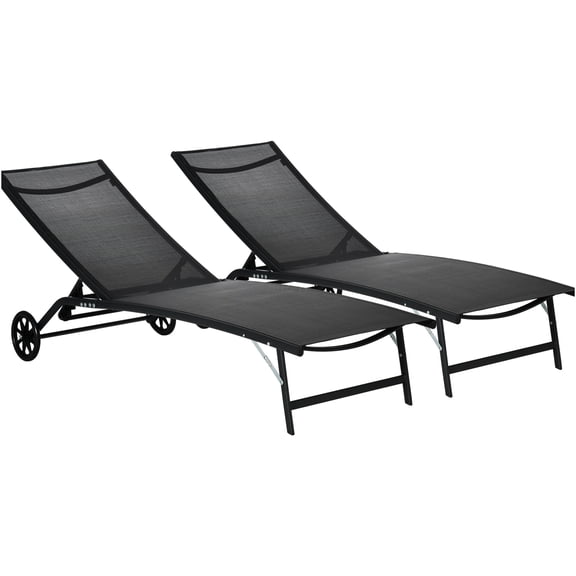 JERFIT 2-Pack Folding Chaise Lounge Chairs, Outdoor Recliner with 5 Adjustable Positions, Wheels & Breathable Mesh Fabric for Patio, Poolside, Beach, Backyard, Black
