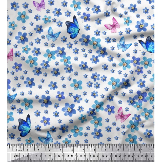 Soimoi Cotton Cambric Fabric Butterfly & Flower Decor Fabric Printed Yard 56 Inch Wide