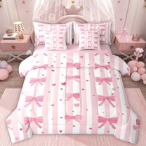 Homewish Kawaii Bow-Tie Bedding Comforter Set 7-Piece for Kids Children Girls,Geometric Lines Stripes King Bedding Sets,Love Heart Print Ultra Soft Bed Sheets,Ultra Soft Home Decor,Reversible
