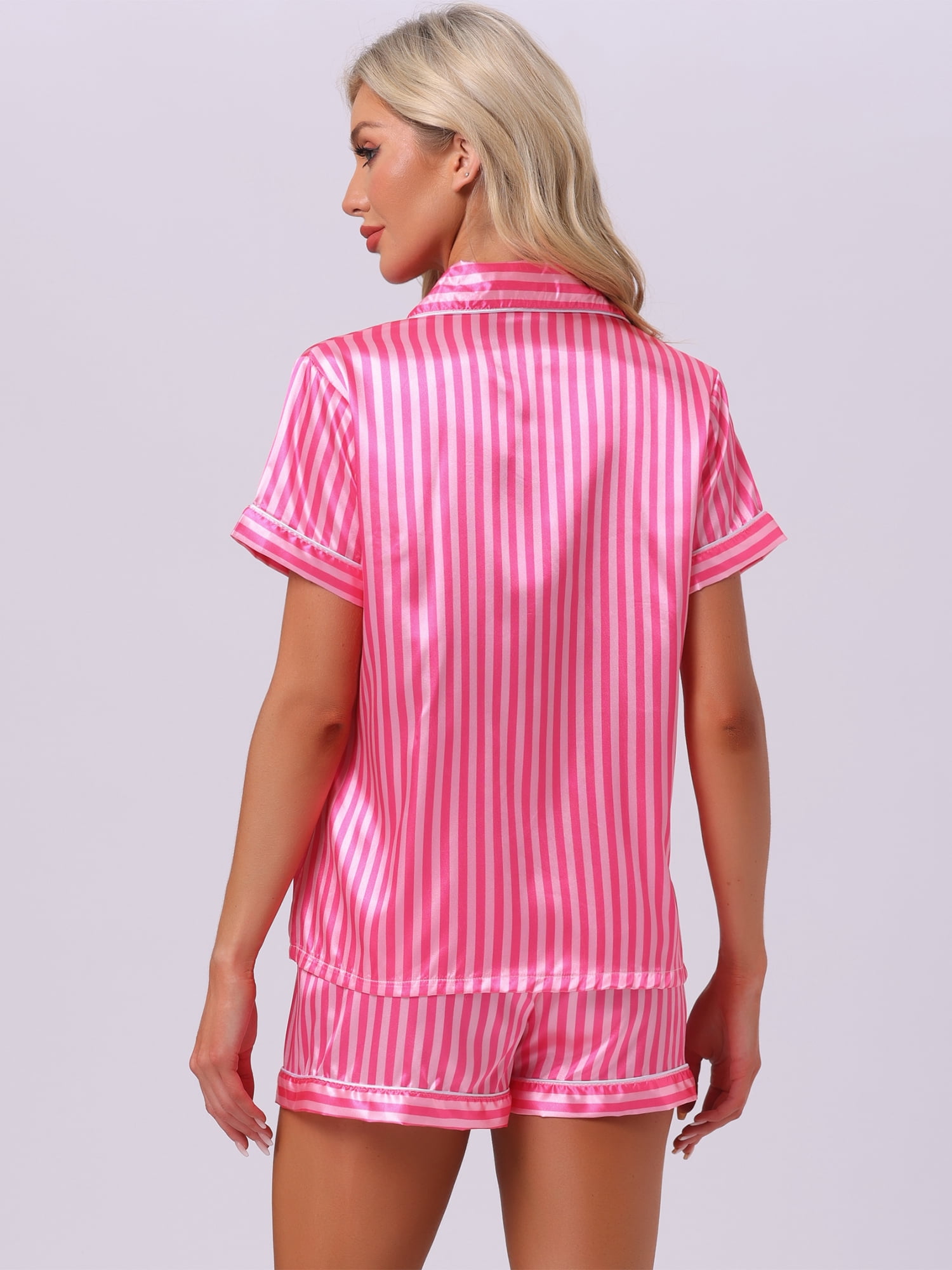 DARING DIVA Women's 2 Pcs Satin Silky Contrast Color Trim Pajama Set L Hot Pink