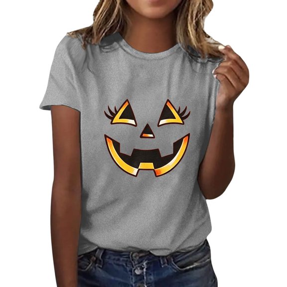 Jamsmile Women T-Shirts Graphic Halloween Print Tee Shirts Comfort Soft Short Sleeve Tops Vacation Loose Fit Trendy T‑Shirts