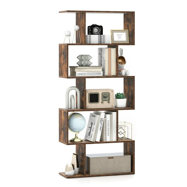 Patiojoy 5-Tier Geometric Bookshelf Wooden Decorative Display Shelf in rustic brown finish. This freestanding S-shaped bookcase features a unique geometric design with five spacious tiers for organizing books, decor, and other items. Made of engineered wood, it measures 27.5 inches in length, 9.5 inches in width, and 62.5 inches in height. Each shelf has a weight capacity of 45 lbs and includes anti-toppling kits for added safety. Ideal for bedrooms, living rooms, or offices.