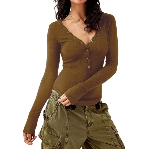 Túnica de Punto Acanalado de Larga para Mujer, Cuello Redondo, Botones, Informal, Estilo Henley, Blusa Ajustada. Marrón L