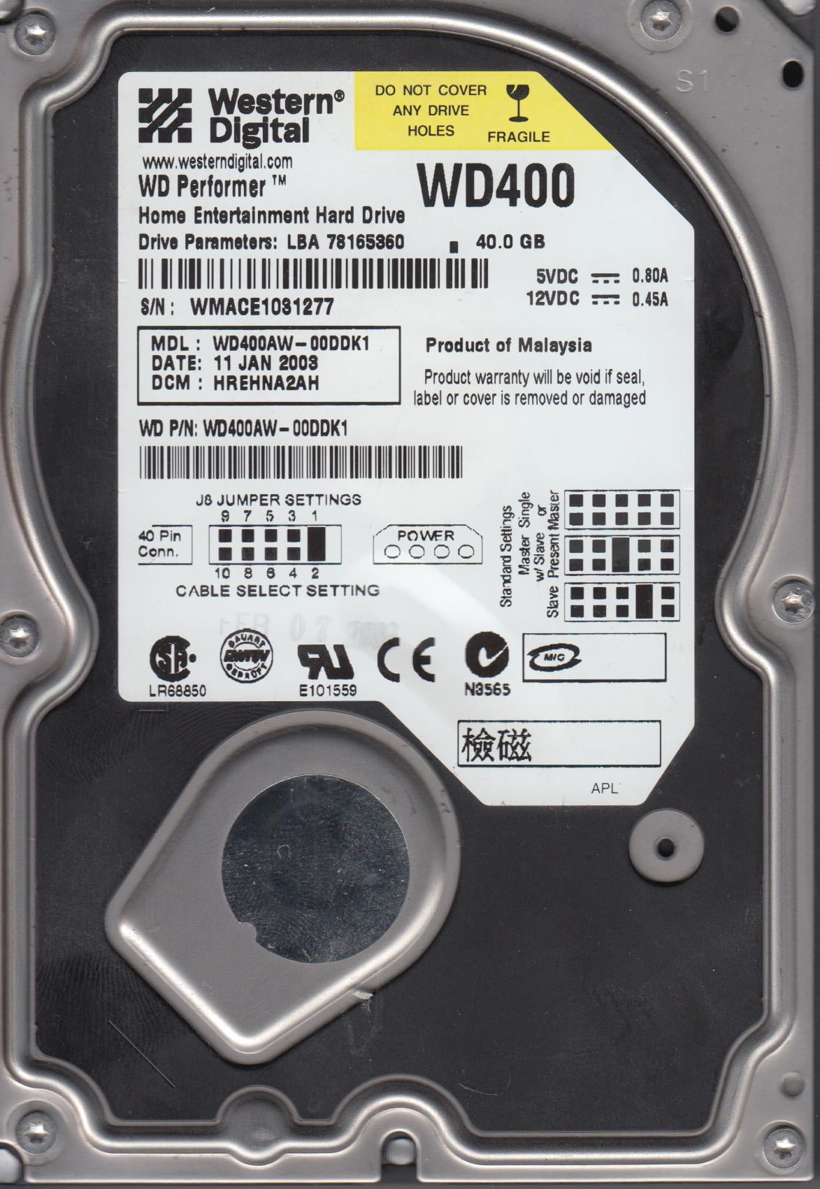 WD400AW-00DDK1, DCM HERHNA2AH, Western Digital 40GB IDE 3.5 Hard Drive