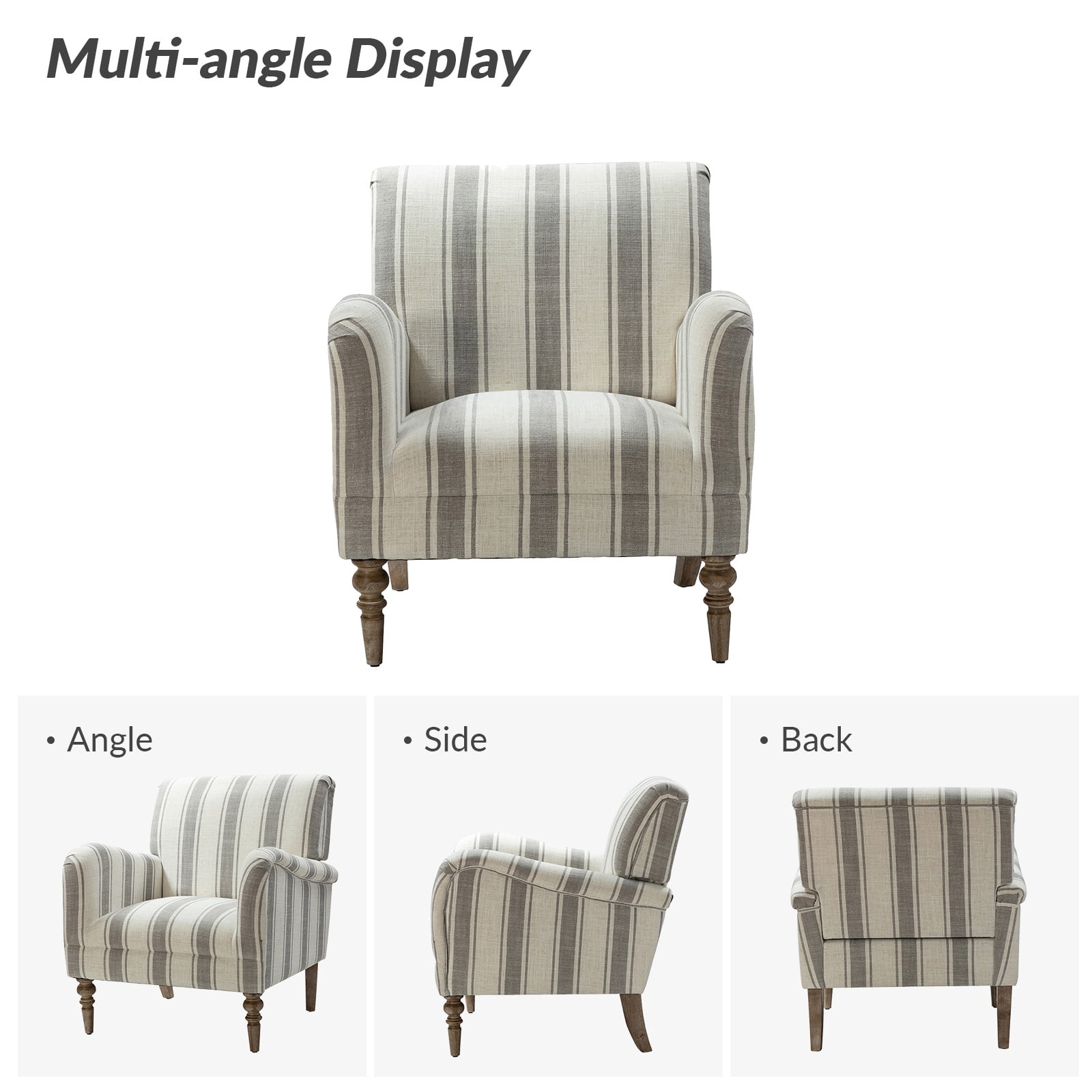 Stripe Accent Chairs Set of 2 Upholstered Wood Legs Armchairs Home Living Room Adult Grey