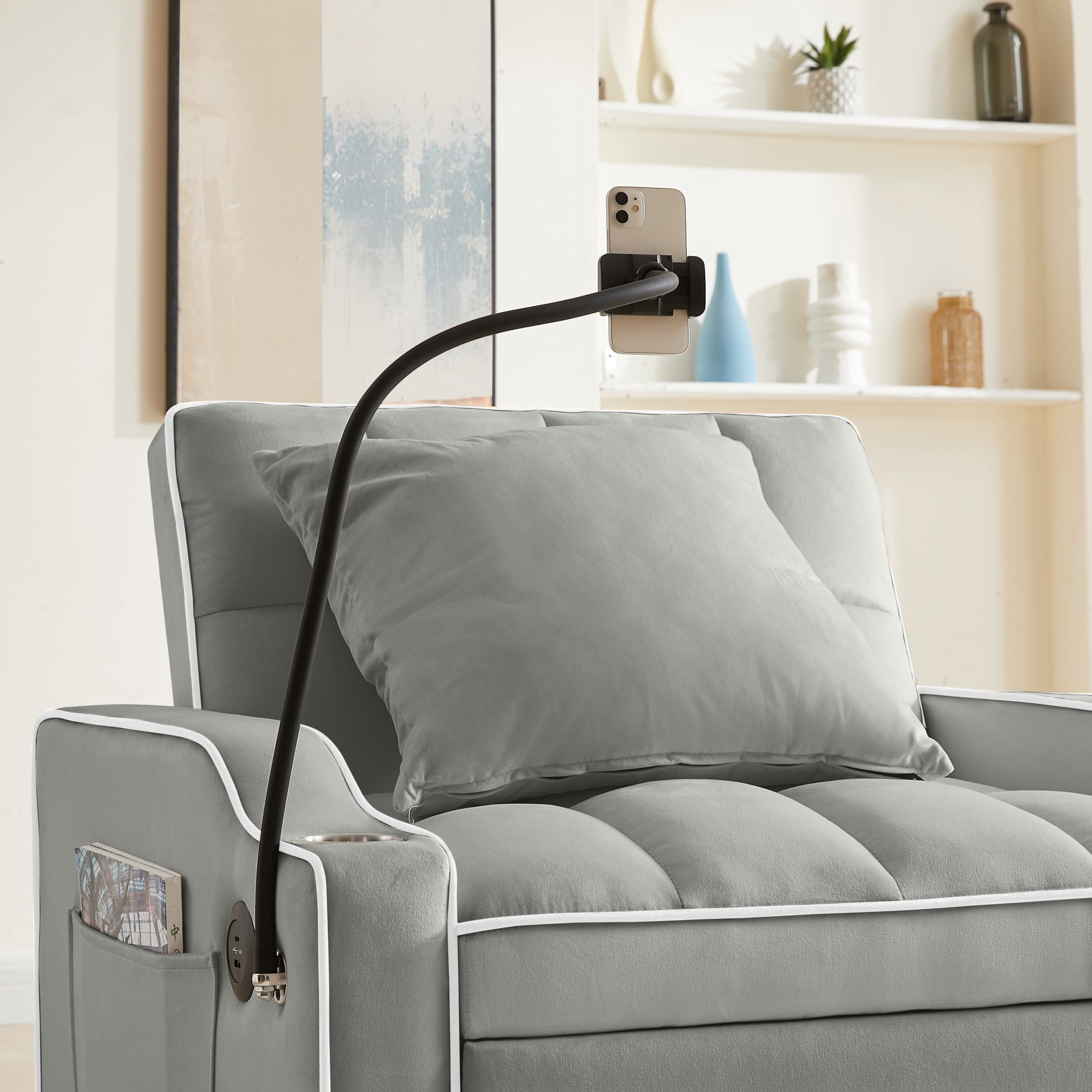 Jopath Convertible Sleeper Sofa Chair Bed,3 in 1 Velvet Single Sofa with Phone Holder & Cupholders,Pull Out Couch Recliner with Adjustable Backrest for Living Room, Office, Small Place,Gray