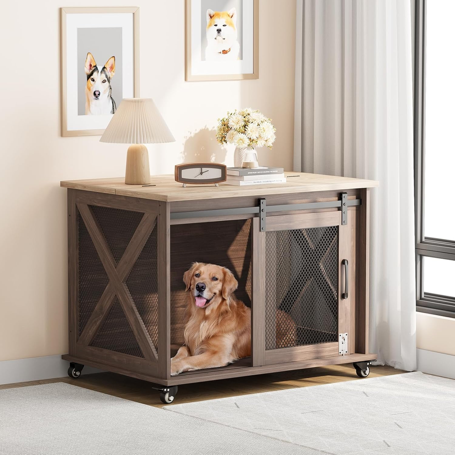 M optimized Dog Crate Furniture with Sliding Barn Door, Flip Top Dog Crate End Table with Wheels, Indoor Dog Kennel Furniture with Removable Divider, Dog House