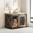 thumbnail image 2 of IDEALHOUSE Light Oak Top & Dark Body Rolling Credenzas & Sideboards, Dog Crate End Table, Sliding Barn Door, Removable Divider, Flip Top, Mobile Indoor Pet Furniture, 2 of 8
