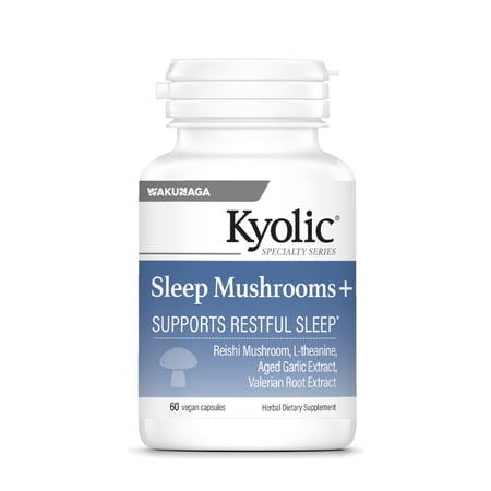 Kyolic Sleep Mushrooms+ - Mushroom & Herbal Dietary Supplement - Supports Restful Sleep & Relaxation* - Reishi Mushrooms, L-Theanine, Valerian Root Extract & Aged Garlic Extract - 60 Capsules