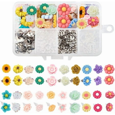 1 Box DIY 20 Pairs Mixed Resin Flower Flatback Cabochon Studs Earring Kit Resin Rose Daisy Charms with Stainless Steel Post for Jewelry Making Arts Craft Supplies