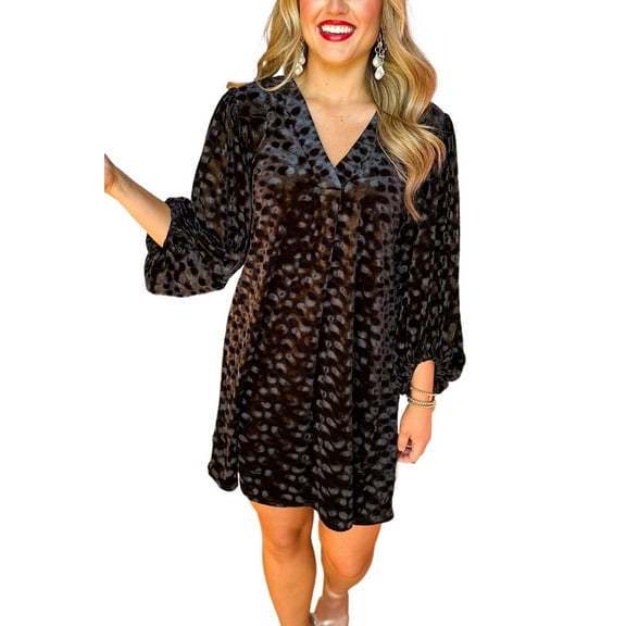 Women's Black Velvet Mini Dress with Balloon Sleeves and V Neck | [ZhiHiMeRi] | (US 12-14)L