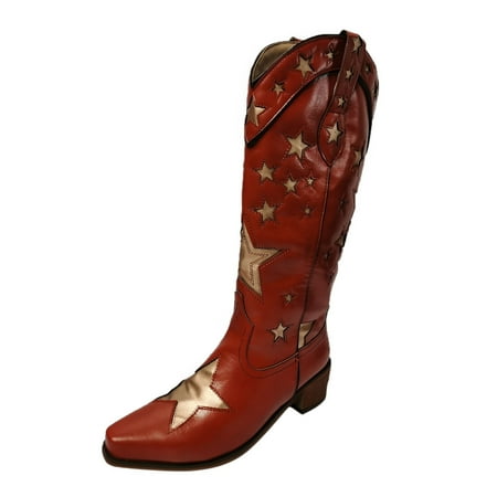 

Women Walking Shoes Ladies Autumn And Winter Fashion Handsome Stitching Fives Star Thick Heel Mid Heel Sleeve High Leather Boots Western Cowboy Boots Brown