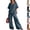 08# Blue, variant on Women's 2 Piece Cotton Linen Set, V-Neck Short Sleeve Button Top & Drawstring Wide Leg Pants, Casual Summer Loungewear Outfit with Pockets, Loose Fit,Black,L
