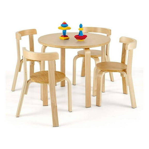 HHBEAUTY Kids Table and Chair Set, 5-Piece Wooden Activity Table w/ 4 Chairs, Toy Bricks, Classroom Playroom Daycare Furniture for Playing, Drawing, Reading, Bentwood Toddler Table & Chairs (Natural)