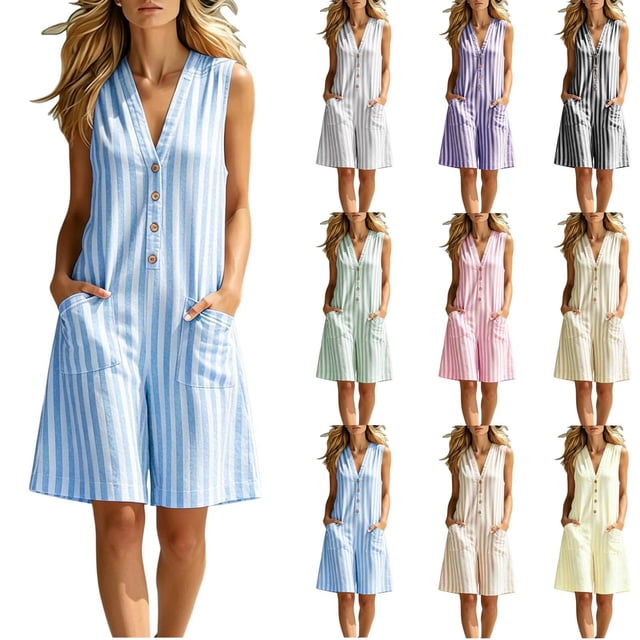 Sentmoon Short Rompers for Women Solid Color Sleeveless V Neck Rompers Button Down Breathable Loose Fit Cute Overalls for Women with Pockets for Work and Office