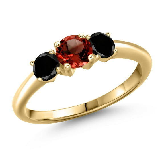 Gem Stone King 10K Yellow Gold Red Garnet and Black Diamond Engagement Ring for Women | 1.09 Cttw | Round 5MM | Gemstone January Birthstone | Size 7