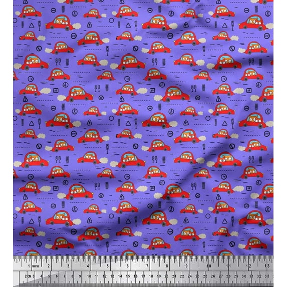 Soimoi Polyester Crepe Fabric Car & Owl Cartoon Printed Craft Fabric by The Yard 52 Inch Wide