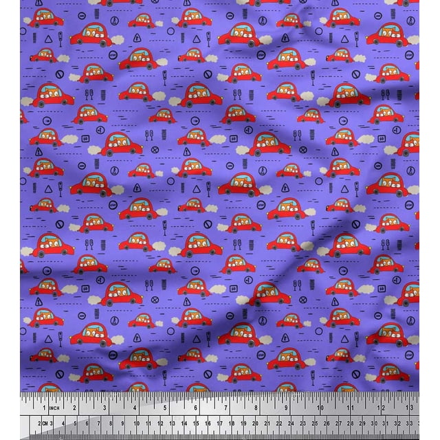 Soimoi Georgette Viscose Fabric Car & Owl Cartoon Print Sewing Fabric Yard 42 Inch Wide