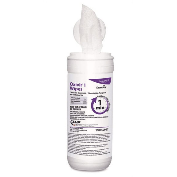 Diversey Oxivir Wipes,  7 inches x 8 inches, 60 Wipes Per Canister, 12 Canisters Per Carton