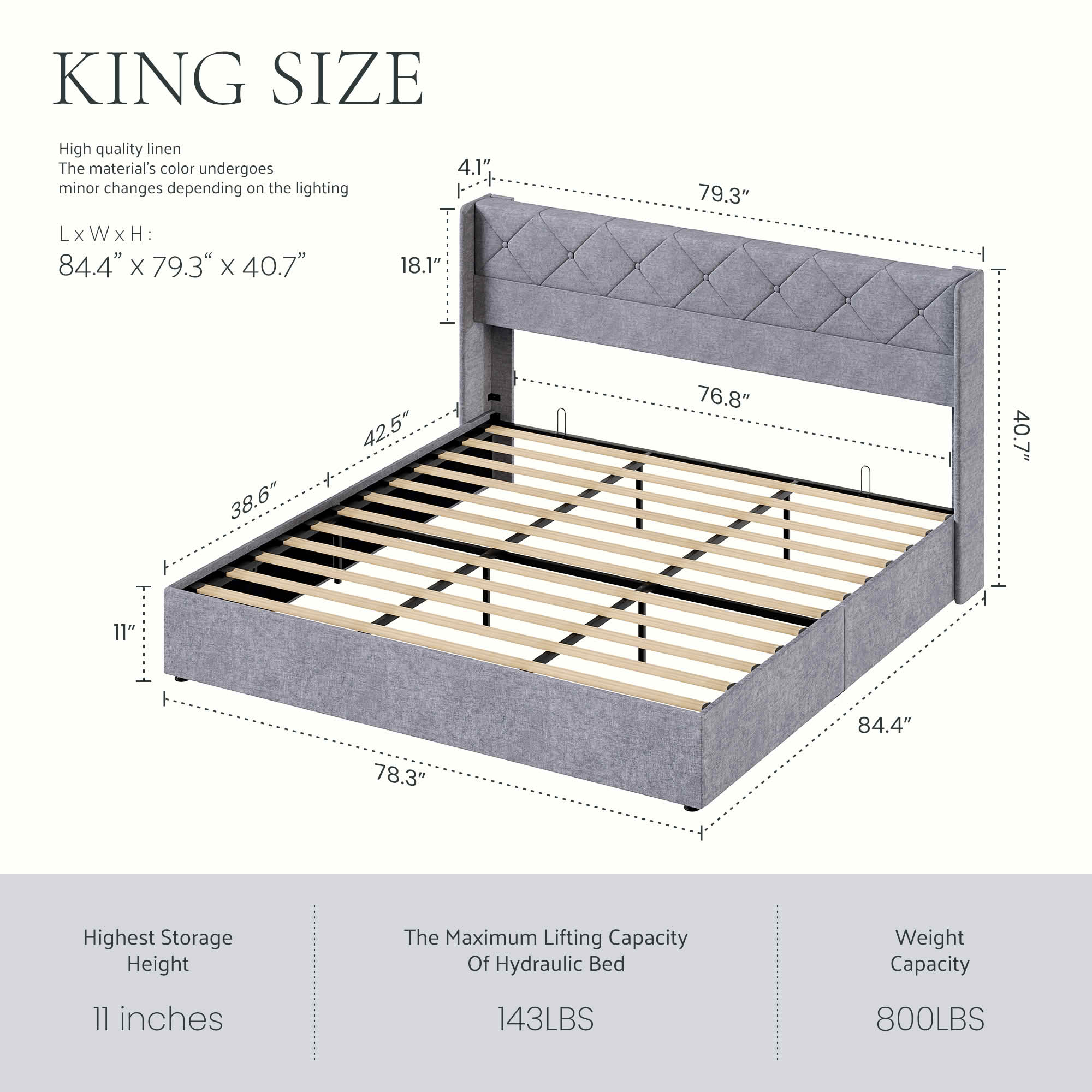 MAYEERTY King Size Hydraulic Lifting Storage Bed Soft Padded Platform Bed Frame Headboard with Backrest