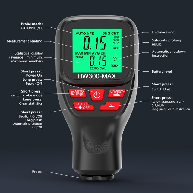 Thickness Gauge,Function Thickness Precise Lcd Paint Thickness Tester Thickness Tester Probe Meter Car Paint Tester Probe Modes Precise Lcd Film 0-2000um Thickness Precise Lcd Film Thickness Buzhi