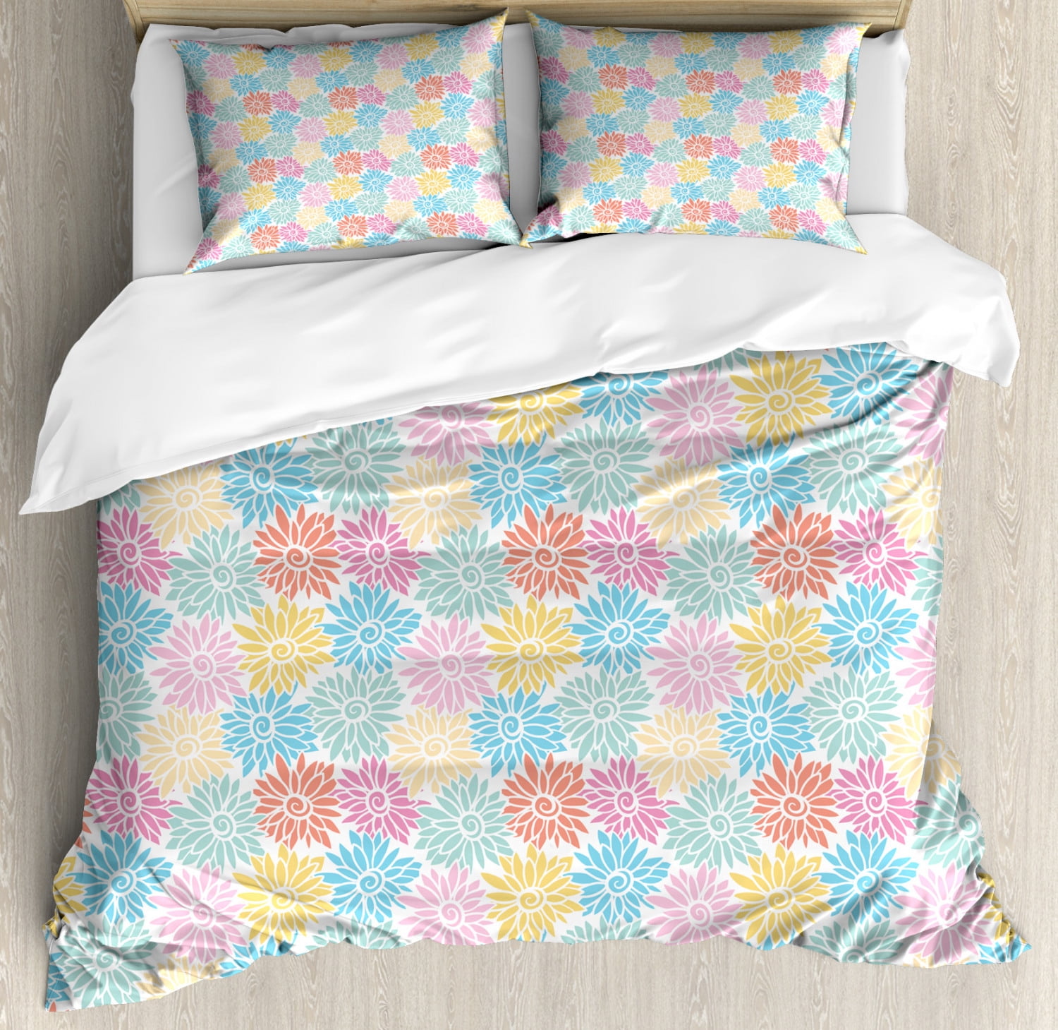 Spring Duvet Cover Set Queen Size, Doodle Ornamental Flowers Colorful ...