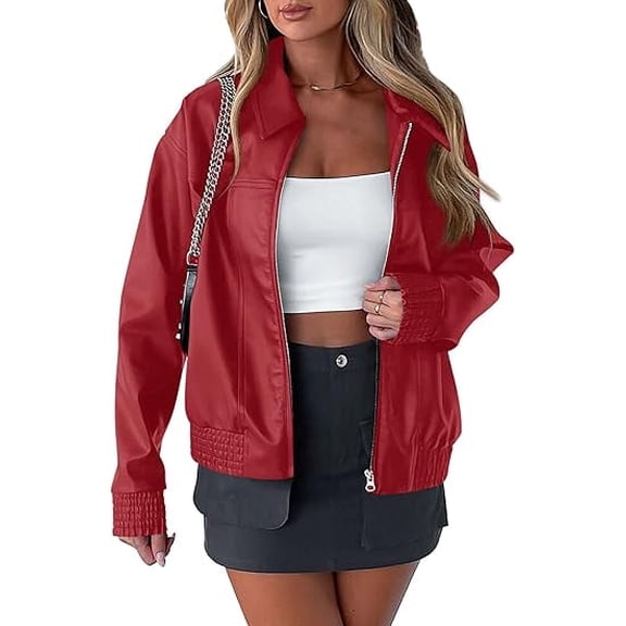 PRETTYGARDEN Women's Faux Leather Jackets Fall Long Sleeve Bomber Jacket Zip Up Motorcycle Coats Winter Clothes