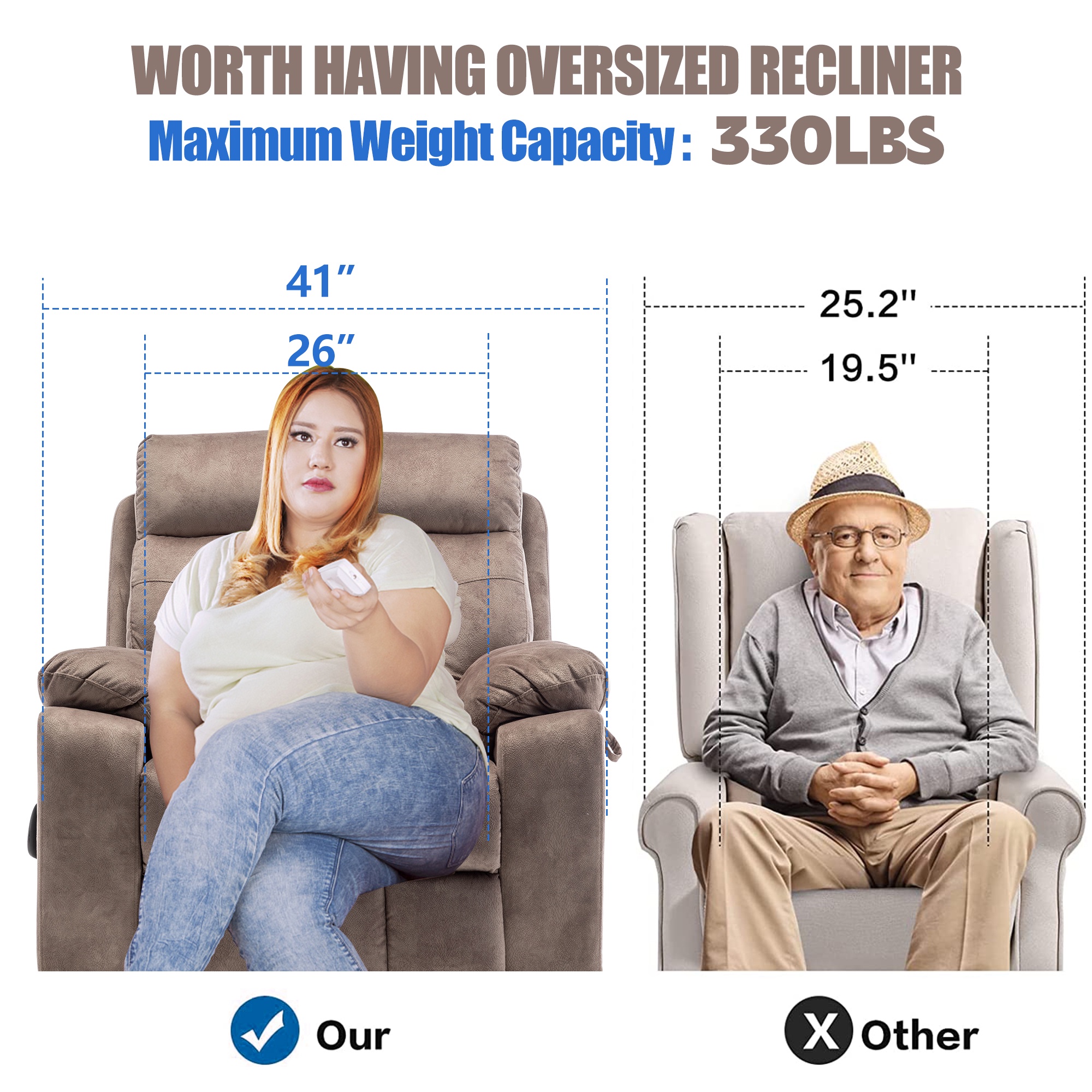 SYNGAR Electric Lift Recliner Chair with Heat and Massage, Oversized Recliner with Hidden Cup Holder for Living Room, Single Recliner Sofa with 26" Width Seat, Easy Assembly, Light Brown