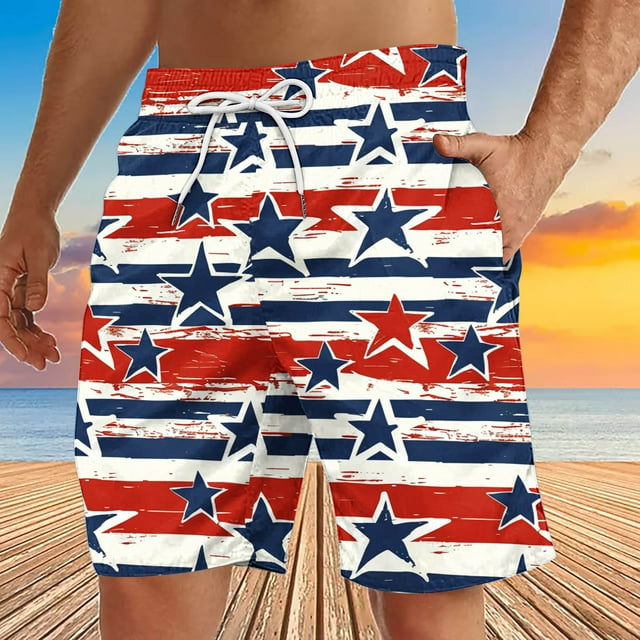 Puntoco Pantalones Cortos De Playa Para Hombre Bolsillo Con Cordón Día De La Independencia Pantalones De Media Longitud Estampados Blanco M
