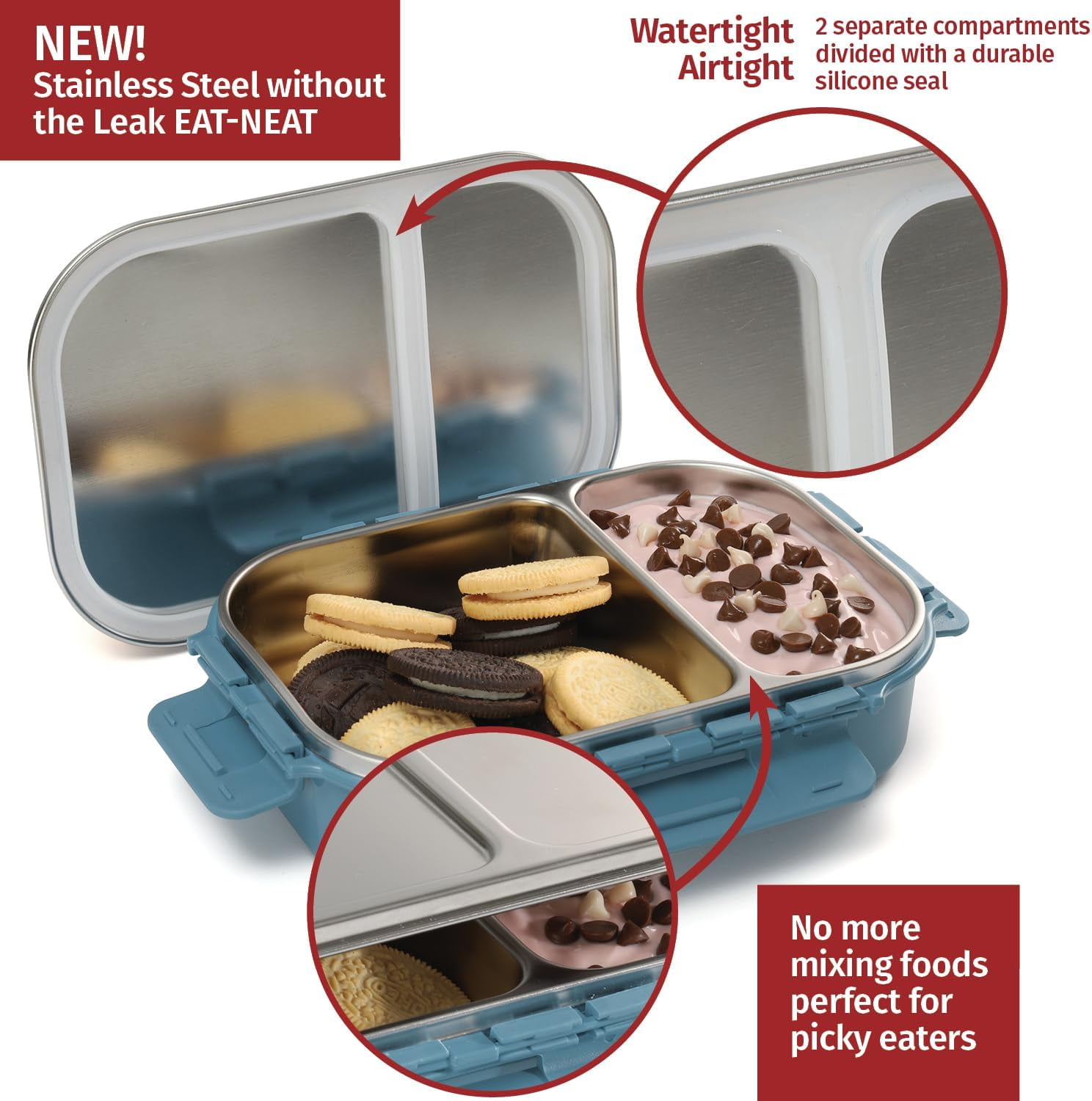 SIGNORA WARE Stainless Steel Bento Box 34 oz Leakproof 2 Compartments Lunch Box – Aqua Blue