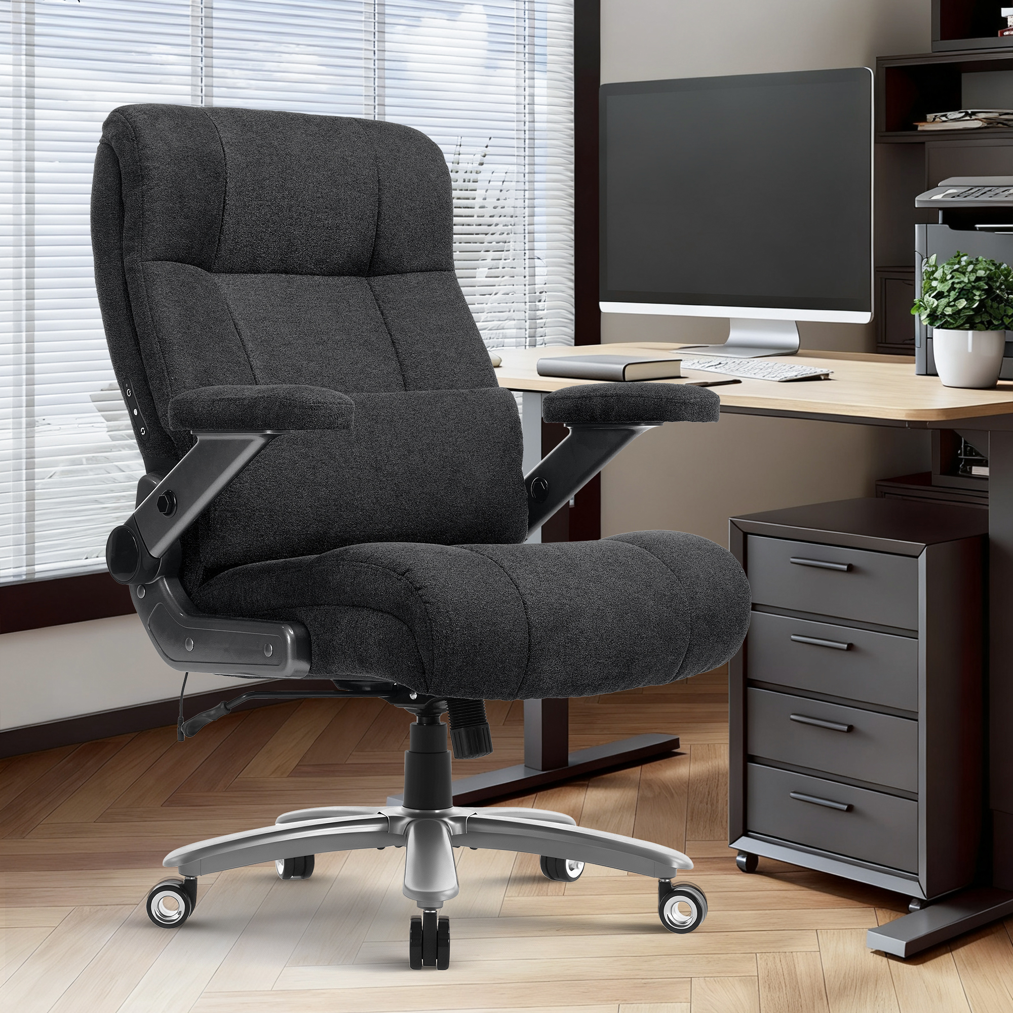 EOP 23.62'' Extra Wide Office Chair, 600 Lbs Big and Tall Executive Office Chair with Heat and Kneading Massage, Ergonomic Computer Chair with 3D Flip-up Arms, Black