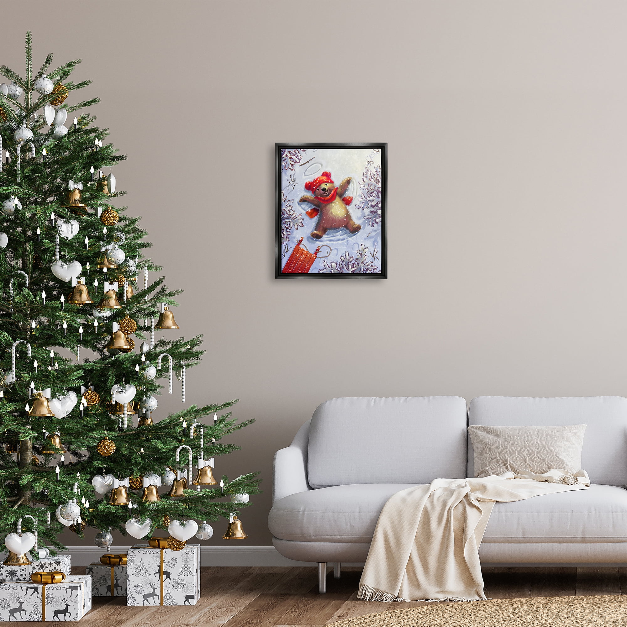 Stupell Industries Bear Cub Snow Angel Sled Holiday Painting Black Floater Framed Art Print Wall Art