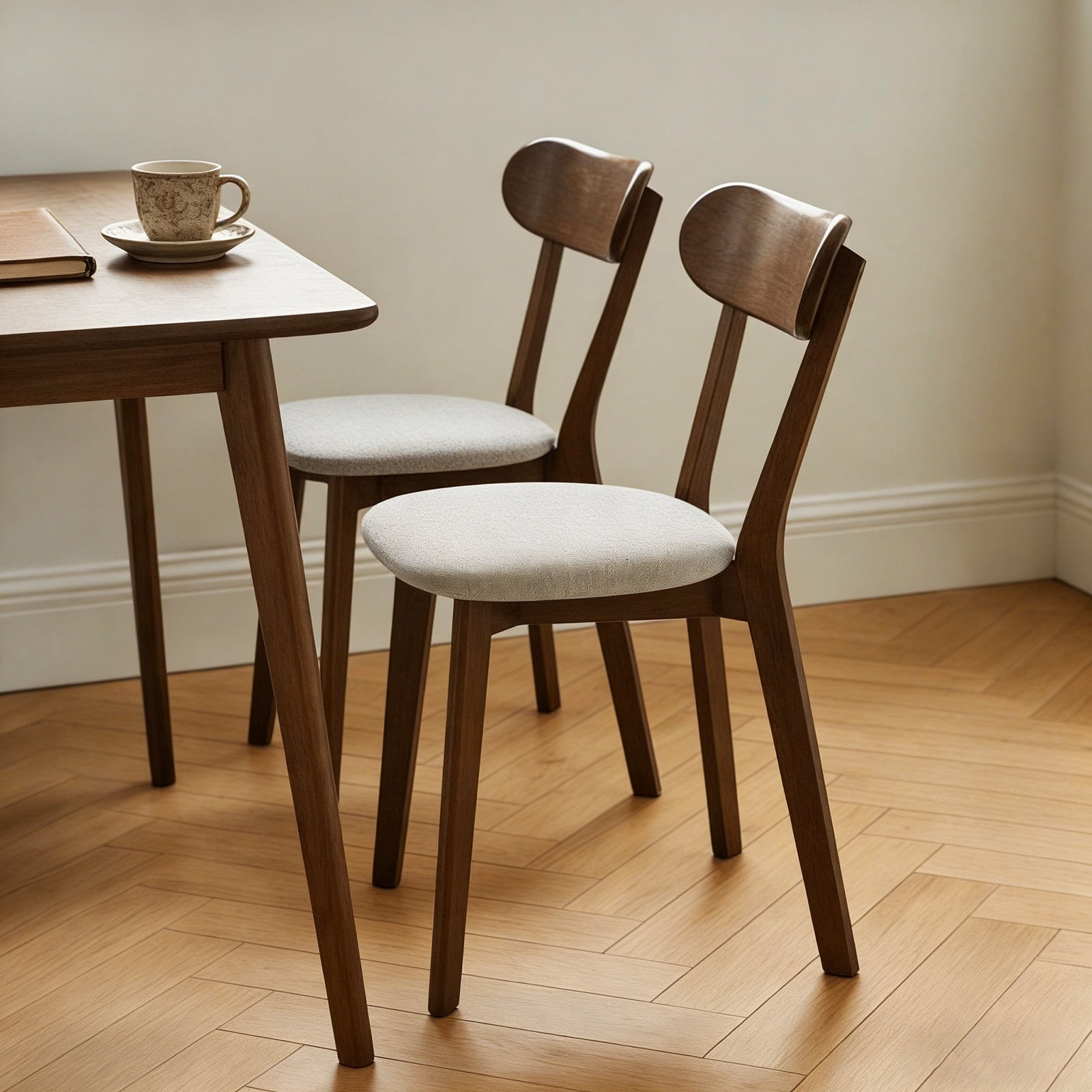 Dining Chairs, Set of 2 Solid Wood with Upholstered Cushion, Curved Backrest and Adjustable Foot Pads, Mid Century Design for Dining Room, Walnut with Gray Cushion