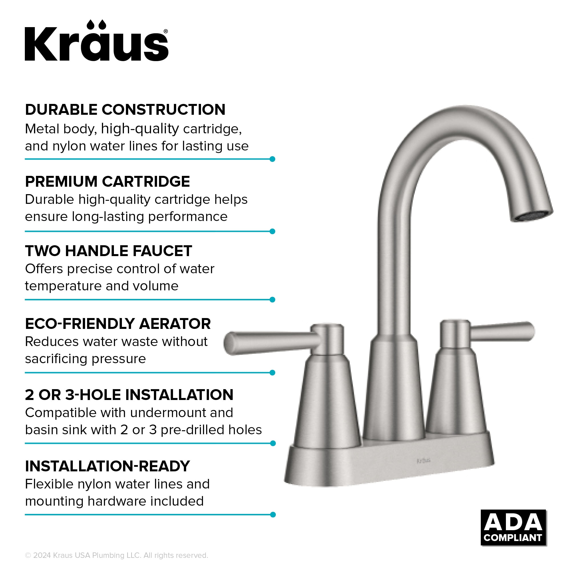 KRAUS Ramus 2-Handle 4-inch Centerset Bathroom Faucet in Spot-Free Brushed Nickel with Pop Up Drain and Supply Lines