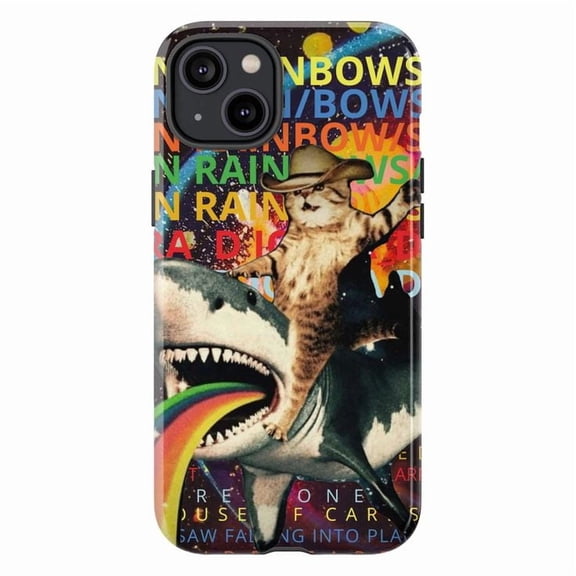 Funny Cat Cowboy Riding Rainbow Vomiting Shark Phone Case with Radiohead Album Typography Background, Cool Artistic Protective Cover for iPhone 16 15 14 13 12 11 Pro Max Mini