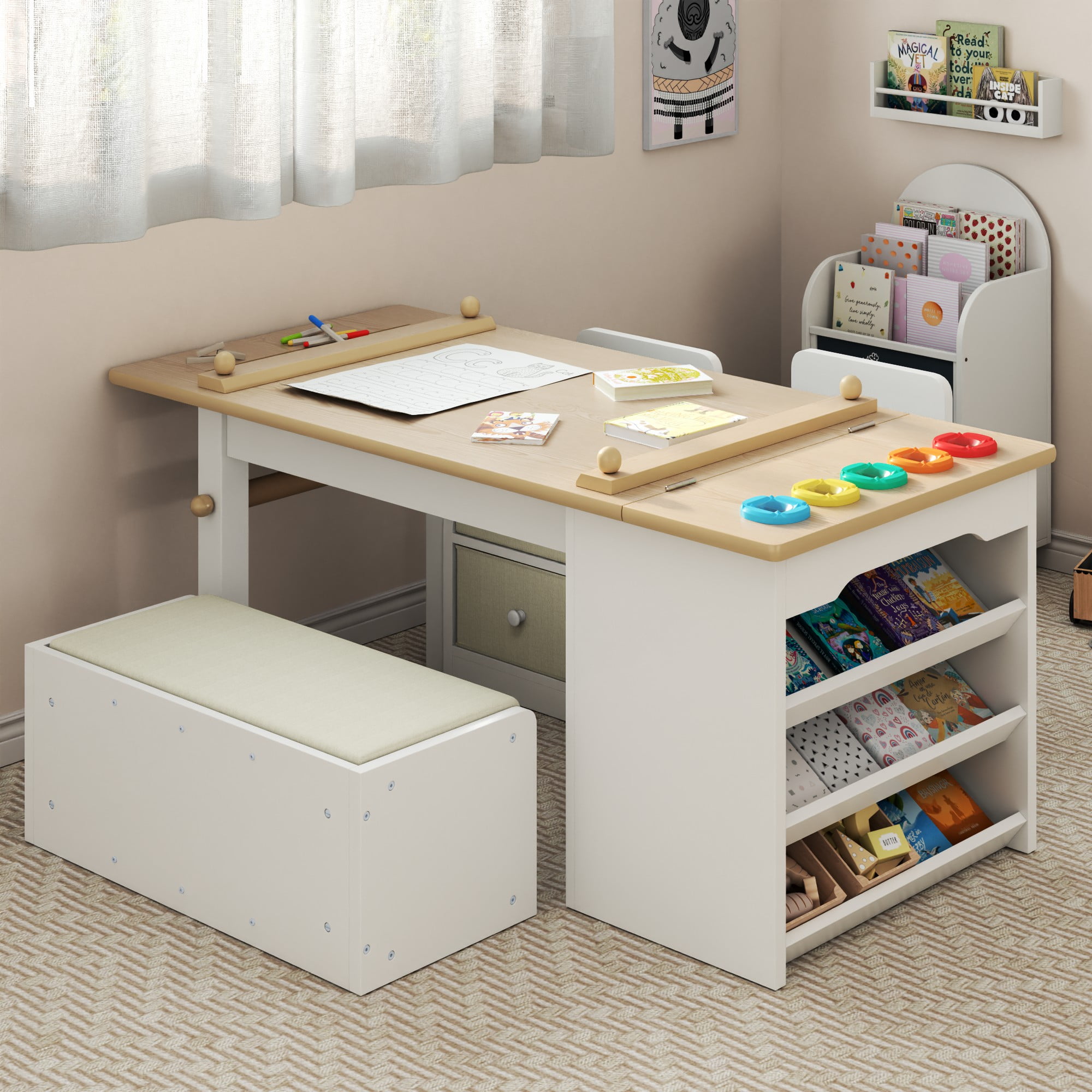 3 in 1 Kids Art Table and Chair Set, Art Desk with Storage Shelves and Drawers, Art Easel with Paint Cups, Paper Roll, Toddler Table and Chair Set w/ Bench & 2 Chairs for Draw, Write, Play, Crafts