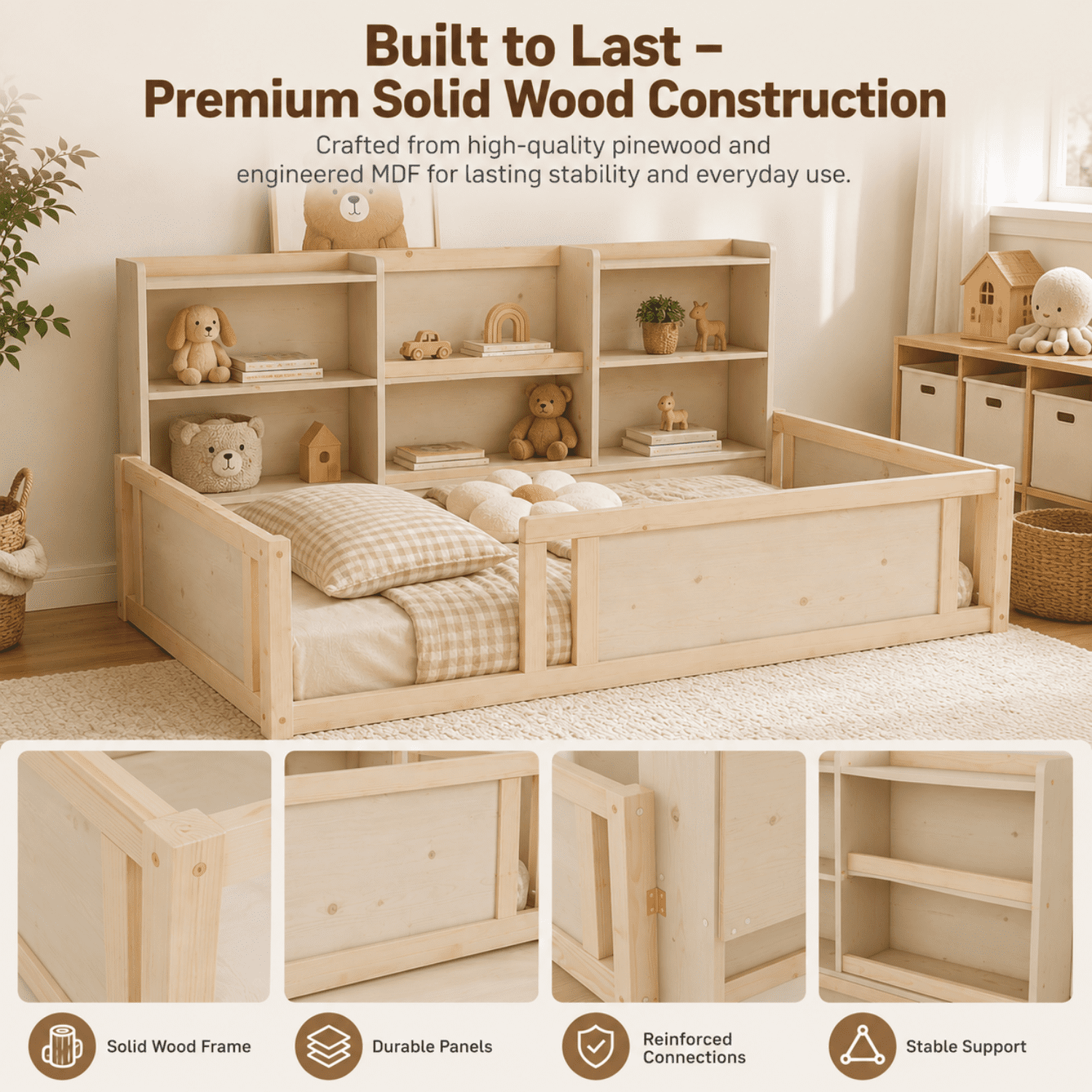 Miniyam Twin Size Floor Bed, Kids Bed Frame with Guardrails and 6 Built-In Side Storage Shelves, Natural