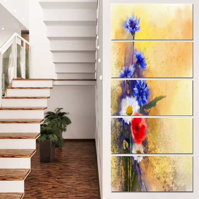 Bouquet de Pavot Bleuet et Marguerite - Grande Œuvre d'Art Florale sur Toile