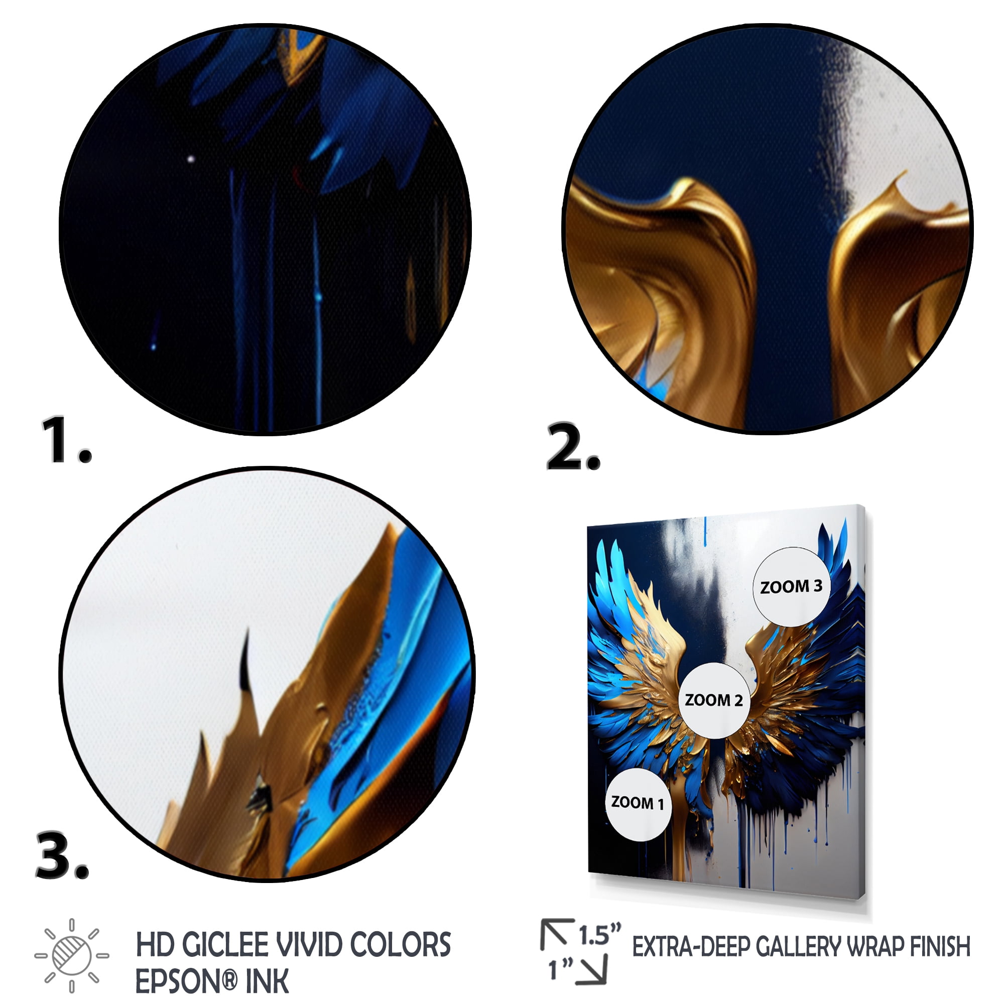Designart Blue And Gold Angel Wings I Canvas Wall Art