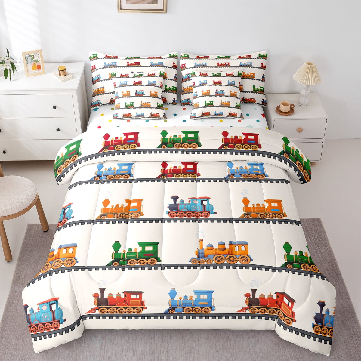 Castle Fairy Railway Train 7 Pieces Bedding Comforter Set for Children Boys Cartoon Car Full Bedding Set Lightweight Transportation Theme Fitted Sheet Flat Sheet Ultra Soft Home Decor