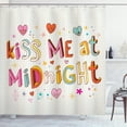thumbnail image 1 of Kiss Me Shower Curtain, School Themed Colorful Kiss Me at Midnight Quote with Doodle Style Hearts Pattern, Fabric Bathroom Set with Hooks, 69W X 70L Inches, Multicolor, by Ambesonne, 1 of 3