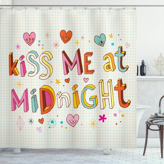 Kiss Me Shower Curtain, School Themed Colorful Kiss Me at Midnight Quote with Doodle Style Hearts Pattern, Fabric Bathroom Set with Hooks, 69W X 70L Inches, Multicolor, by Ambesonne