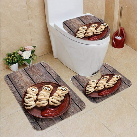 CHAPLLE Mummy Sausages Scary Halloween Party Food Wrapped in Dough 3 Piece Bathroom Rugs Set Bath Rug Contour Mat and Toilet Lid Cover