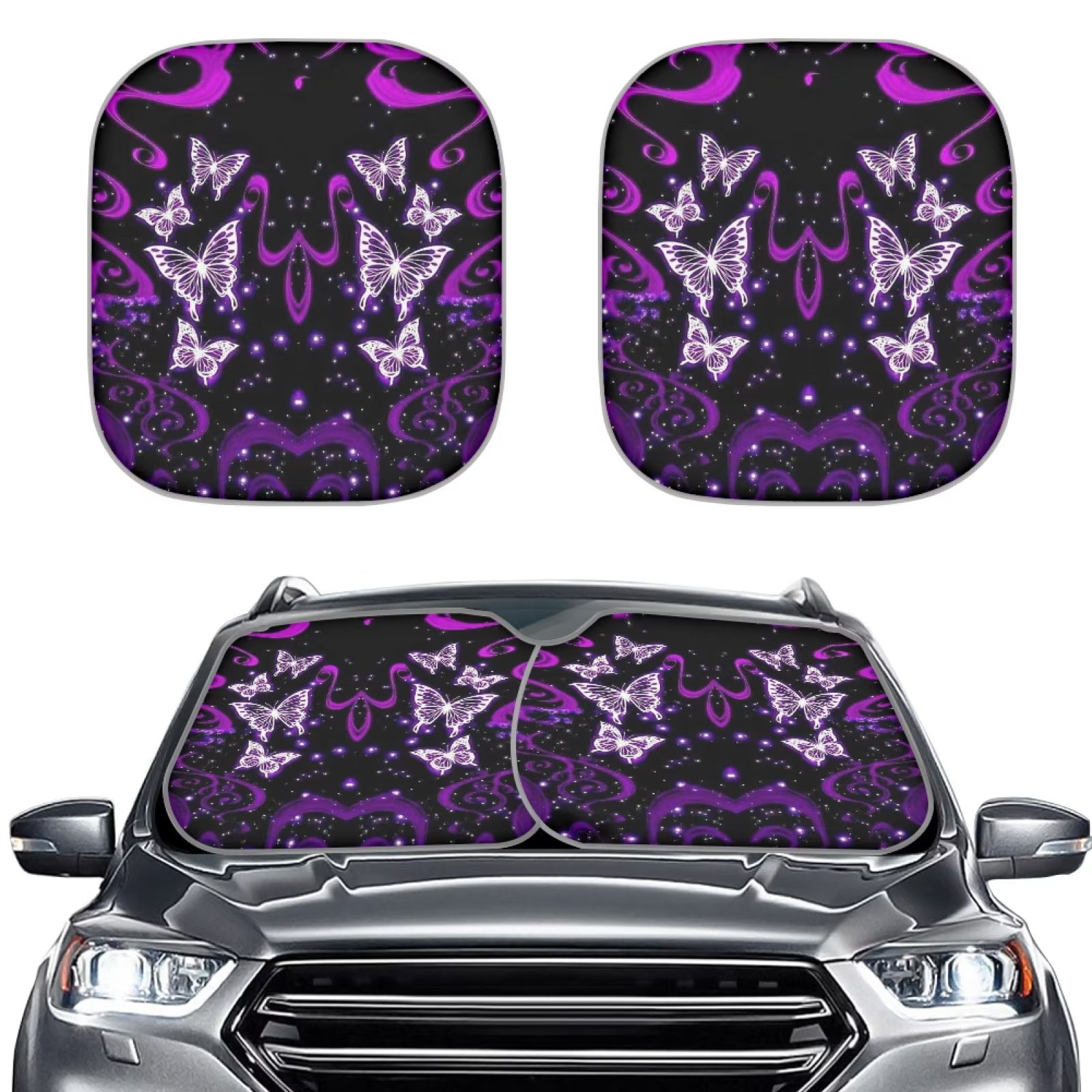 FKELYI 2pcs Glitter Purple Butterfly Car Windshield Sun Shade Foldable